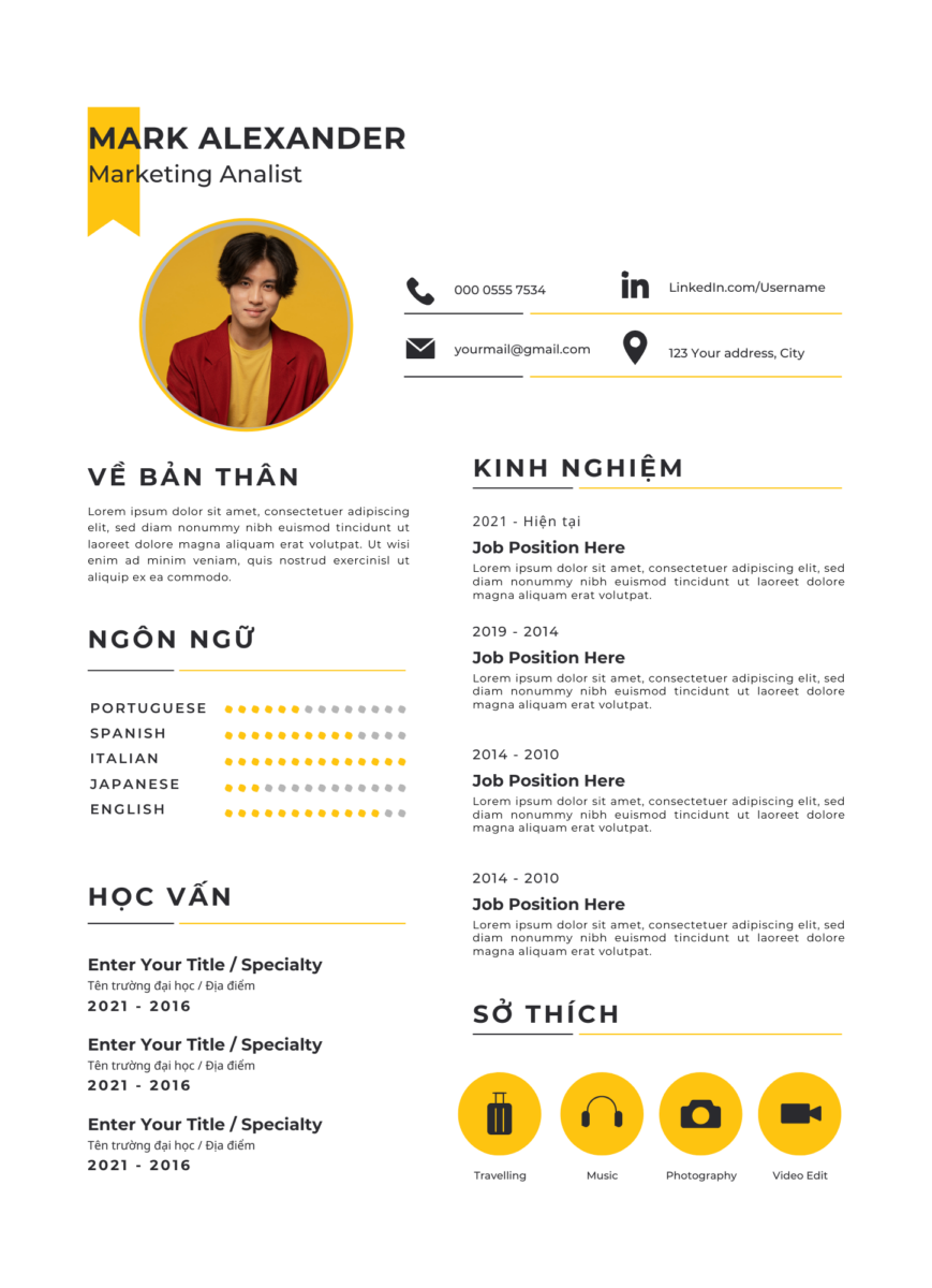 Canva CV Quảng Cáo: Trắng Thuần và Vàng Rực - Bộ Mặt Nghệ Thuật