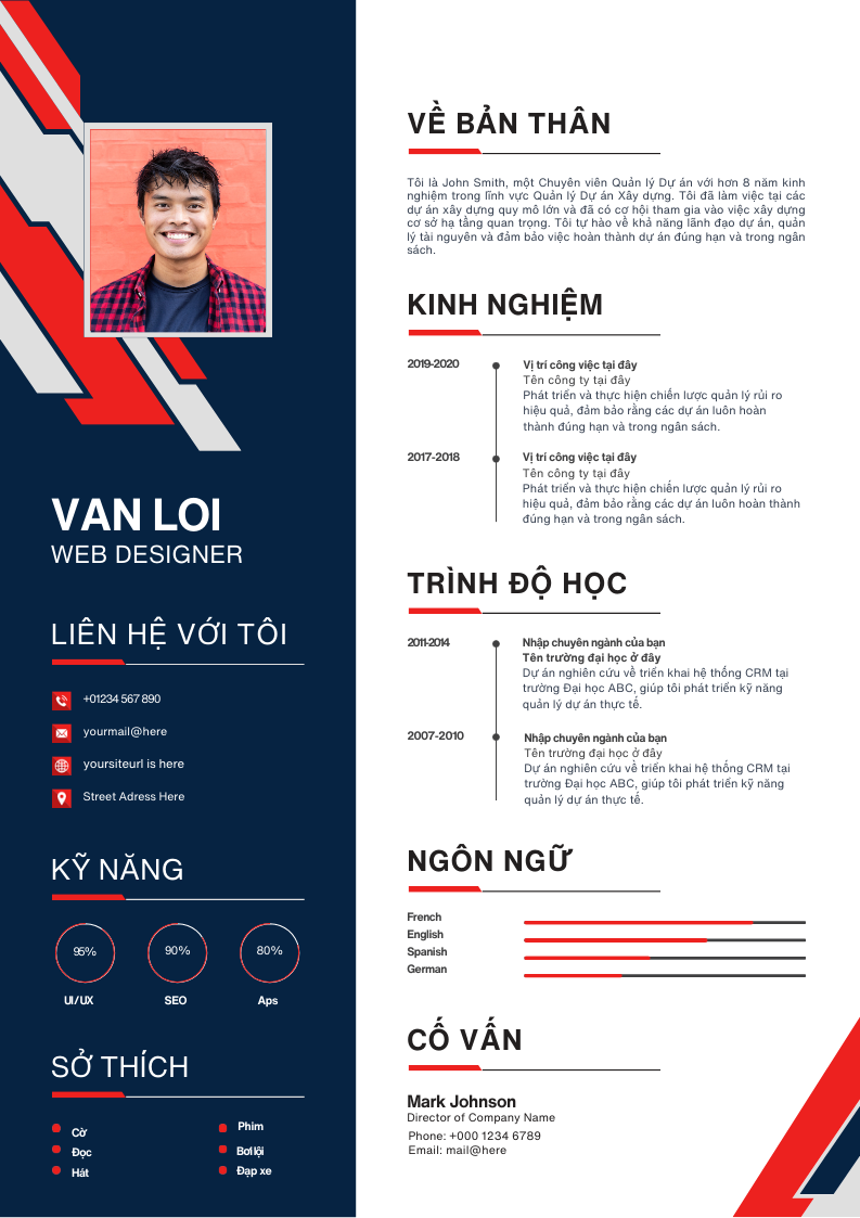 Thiết Kế Google Slide CV Quảng Cáo Màu Trắng, Xanh Dương Đậm và Đỏ, Tối Ưu Cho Marketing